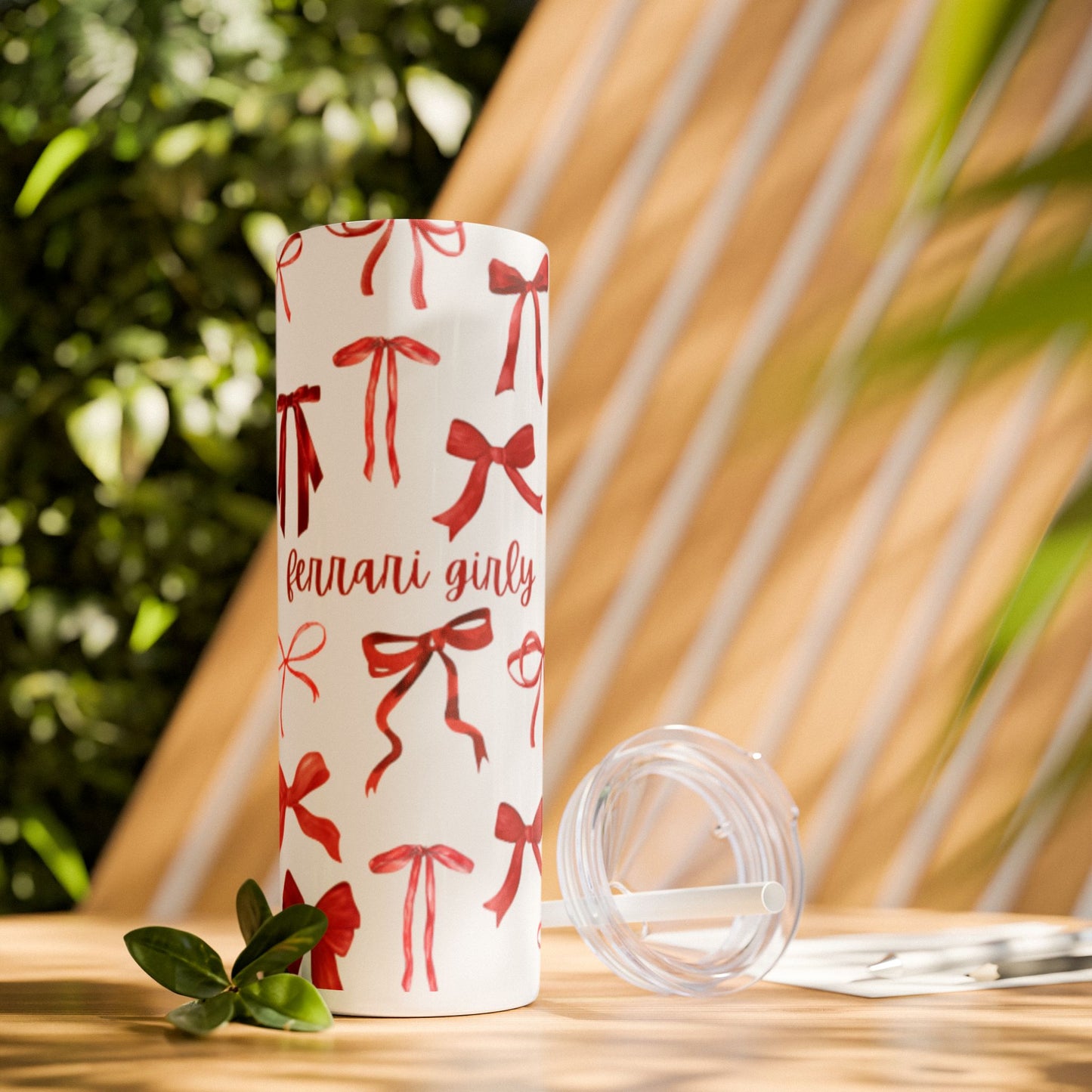 Chic Bow-Print Tumbler, Stylish Skinny Drinkware for Girls, Holiday Gift, Cute Home Accessory, Trendy Reusable Straw Cup