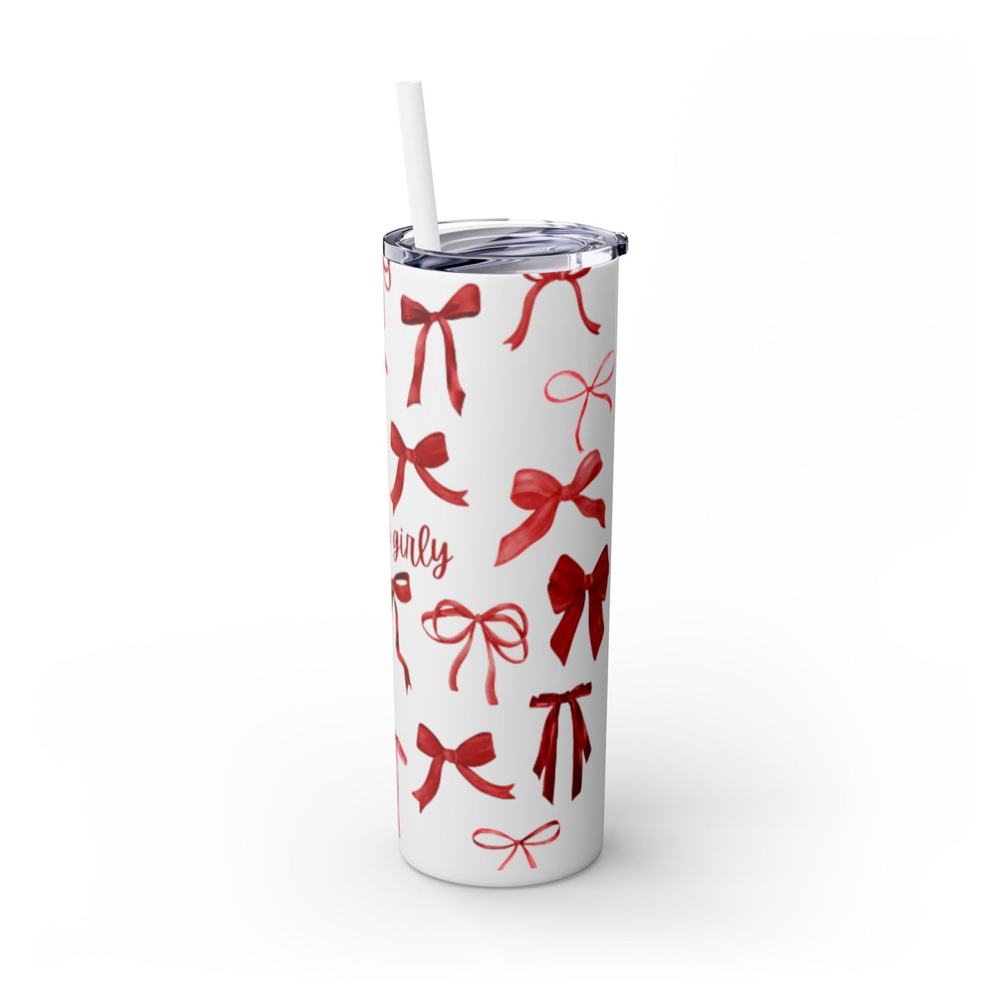 Chic Bow-Print Tumbler, Stylish Skinny Drinkware for Girls, Holiday Gift, Cute Home Accessory, Trendy Reusable Straw Cup