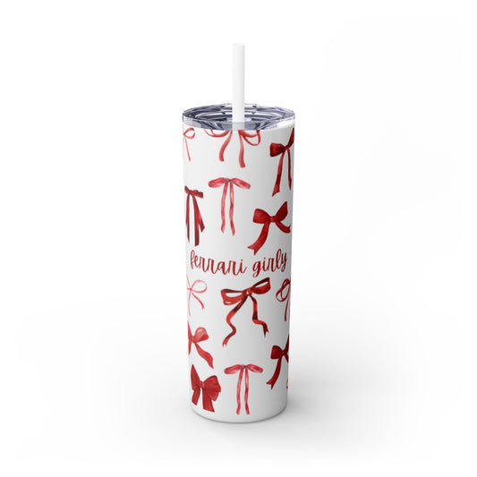 Chic Bow-Print Tumbler, Stylish Skinny Drinkware for Girls, Holiday Gift, Cute Home Accessory, Trendy Reusable Straw Cup
